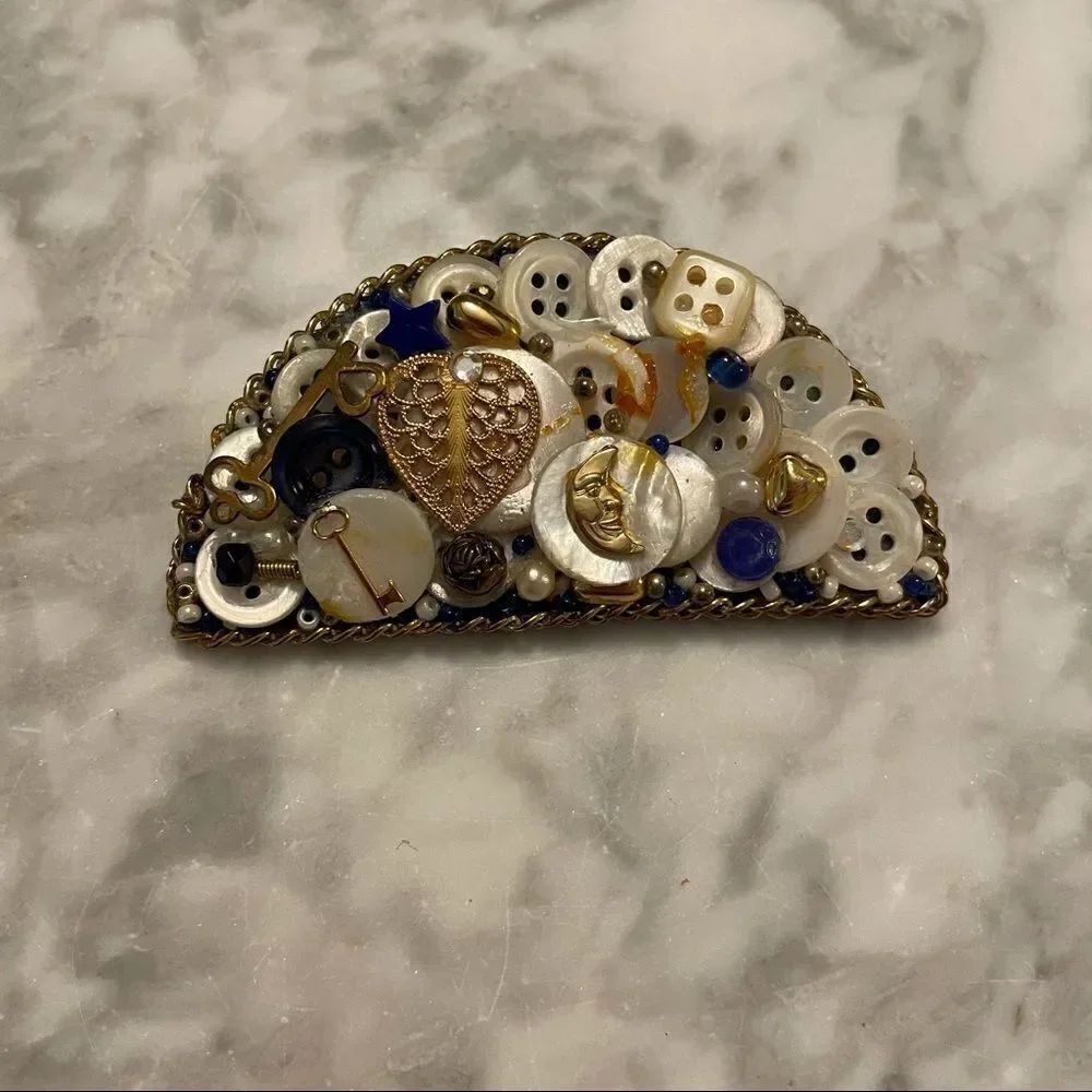 Vintage Handmade Button Half Moon Pin Brooch